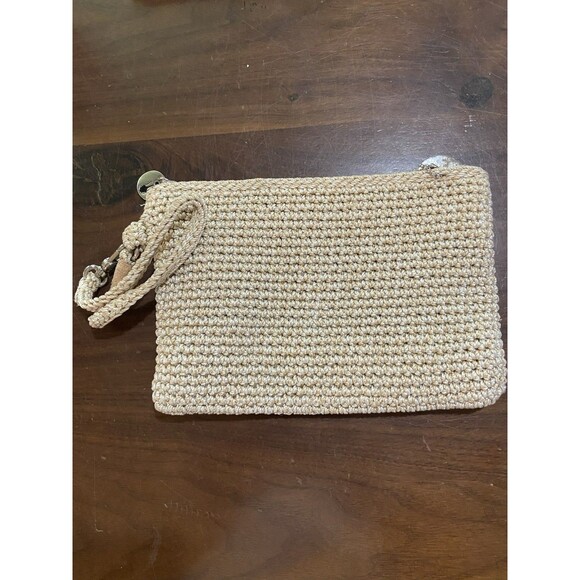 The Sak Beige Flecked Crochet Wristlet Two Charms Side Pocket Multiple Dividers - Picture 5 of 9